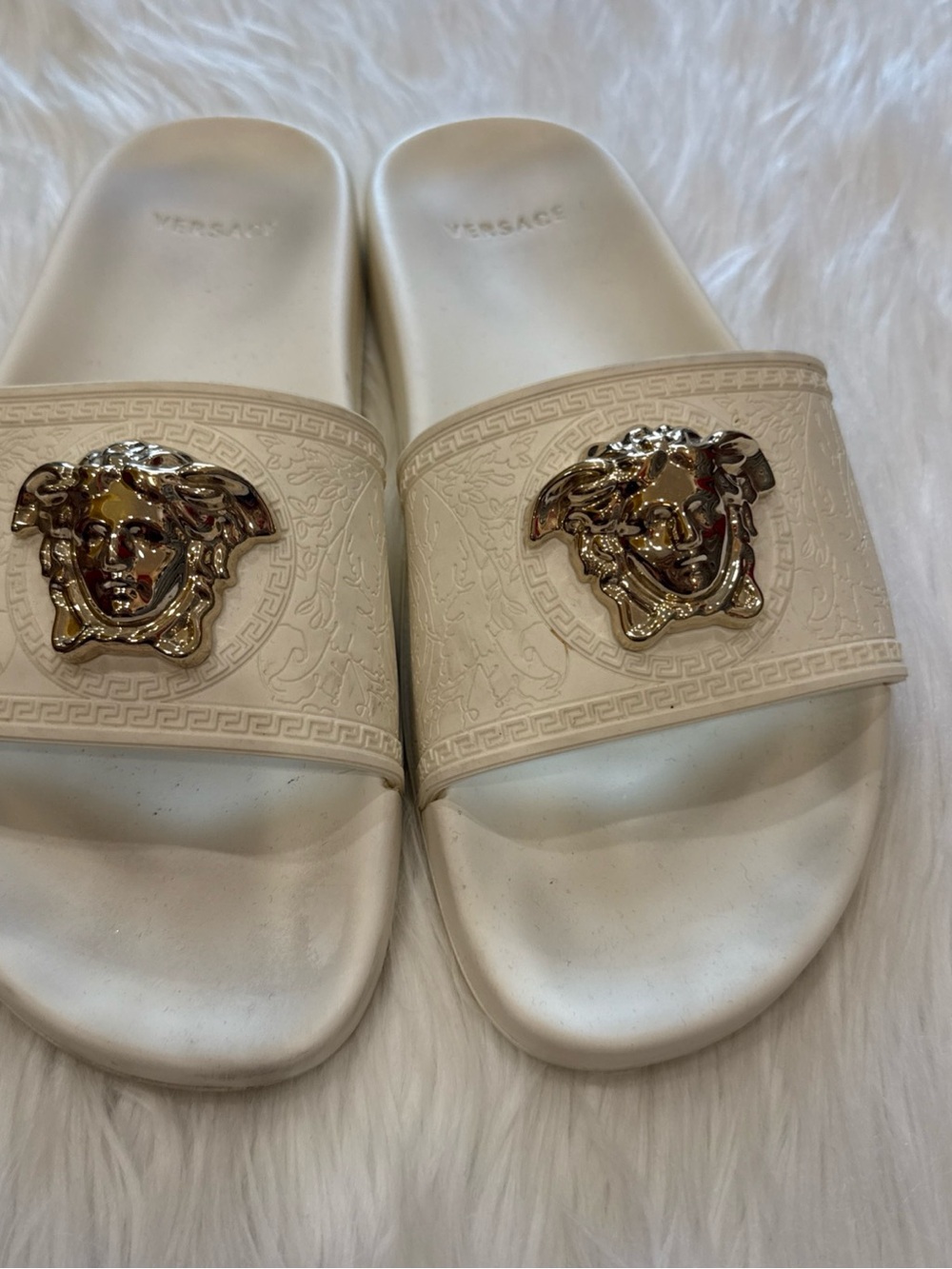 Versace Cream Slide Sandals with Gold Medusa Accent